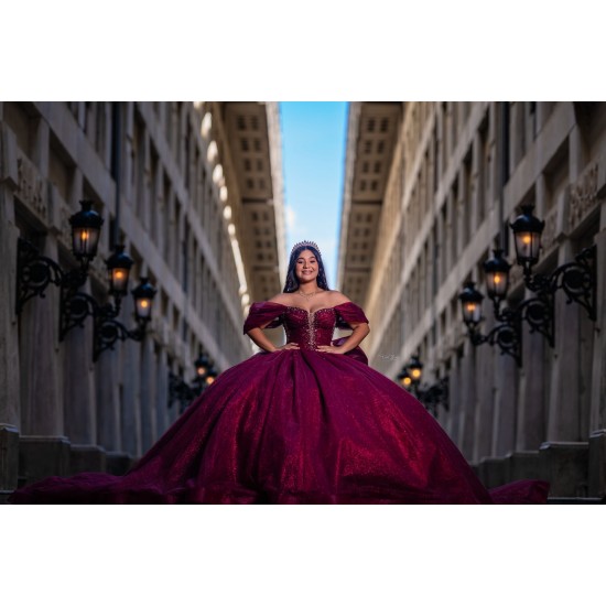 Off Shoulder Burgundy Quinceanera Dress Ball Gown Applique Corset Sweet 16 Vestido De 15 Anos With Bow